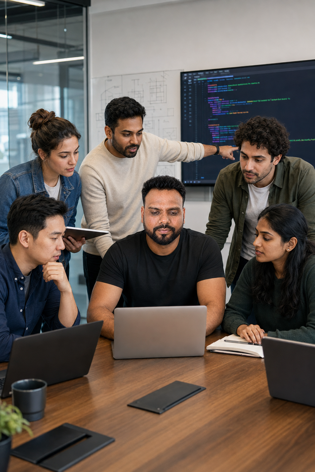 Technical team reviewing a system architecture diagram on a whiteboard